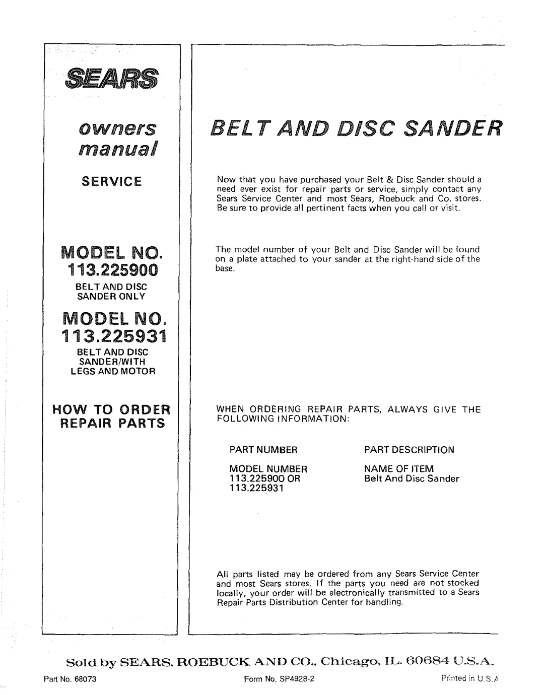 Craftsman 113.225900, 113.225931, 113.225909 manual BEL T and Disc Sander 