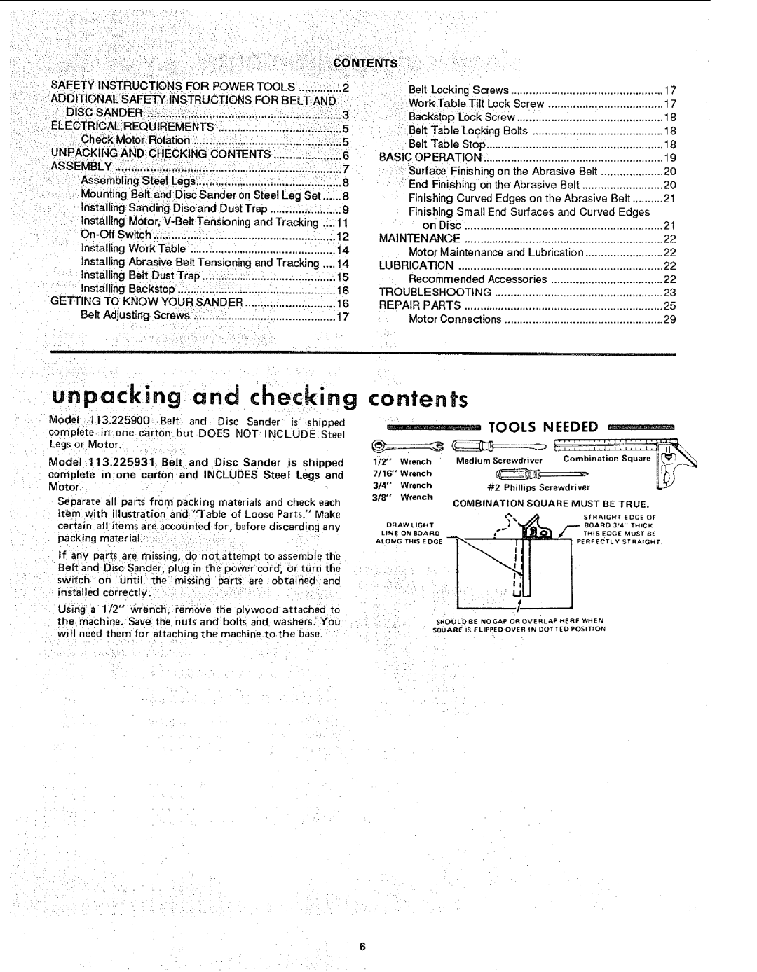 Craftsman 113.225931, 113.225909, 113.225900 manual Unpacking and checking, Contents 