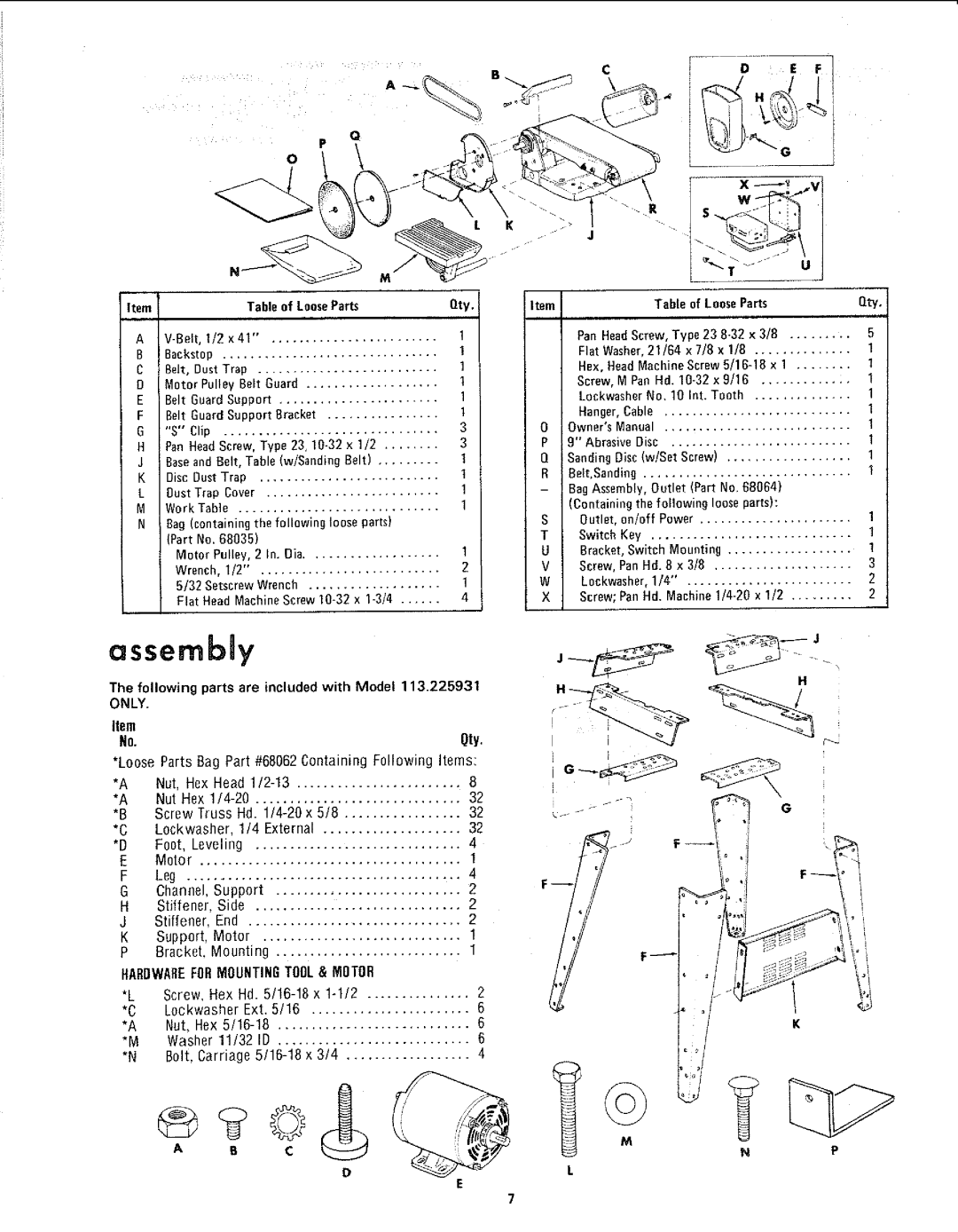 Craftsman 113.225909, 113.225931 manual AssernbJy, HAROWABEFORMOUNTINGTOOL& Motor, Following parts are included with Model 