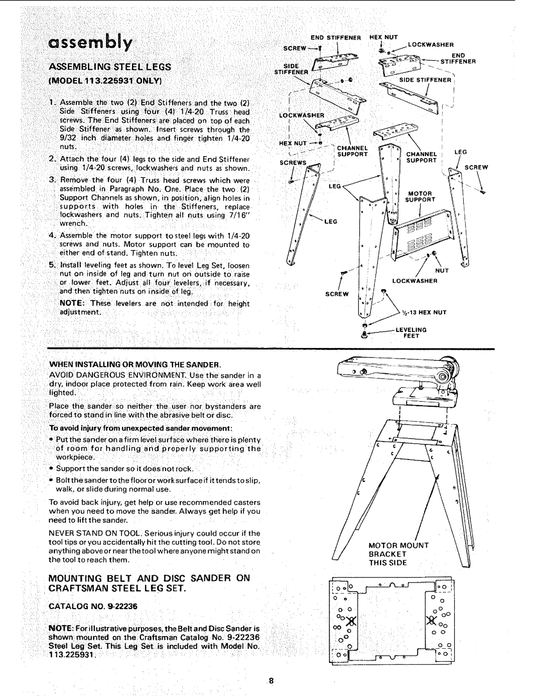 Craftsman 113.225900, 113.225931, 113.225909 manual Mounting Belt and Disc Sander on Craftsman Steel LEG SET, Catalog no 