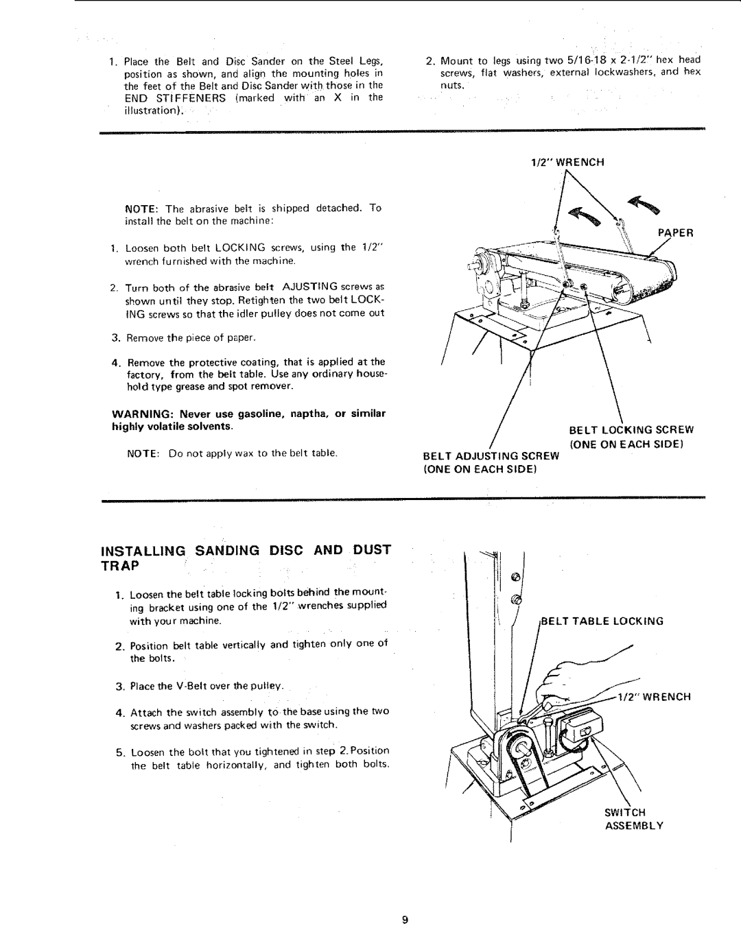 Craftsman 113.225931, 113.225909, 113.225900 Installing Sanding Disc and Dust Trap, Wrench, Belt Table Locking, Assembly 