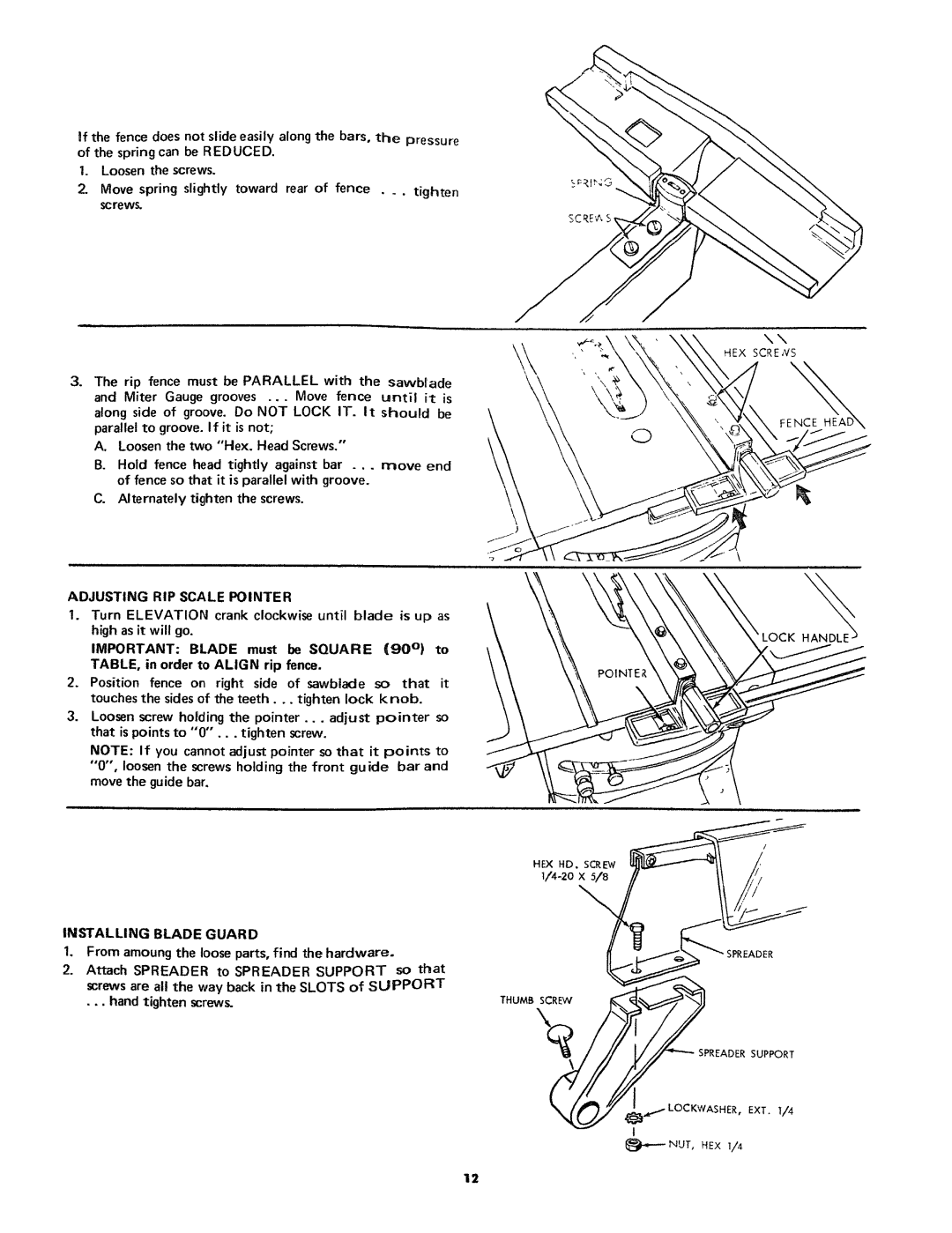 Craftsman 113.24181 owner manual Installing Blade Guard, Rip fence must be Parallel with the sawblade, HEX Screvs Lock 