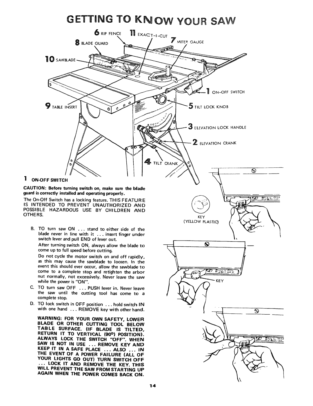 Craftsman 113.24181 owner manual Etting to RN OW Your SAW, ON-OFF Switch 