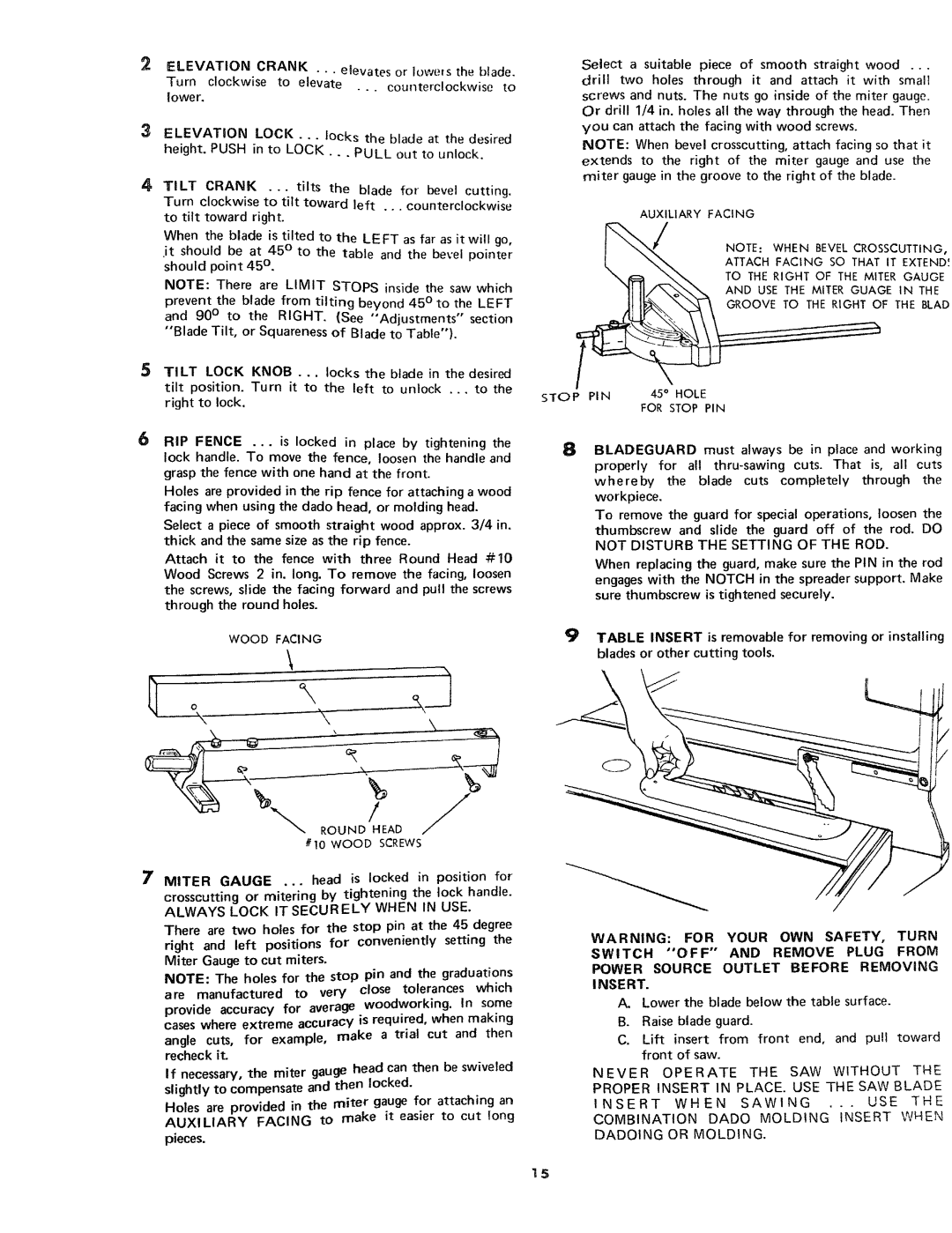 Craftsman 113.24181 owner manual Limit Stops, Left, Right, Auxiliary Facing, Wood Facing Stop PIN, For Stop PIN 