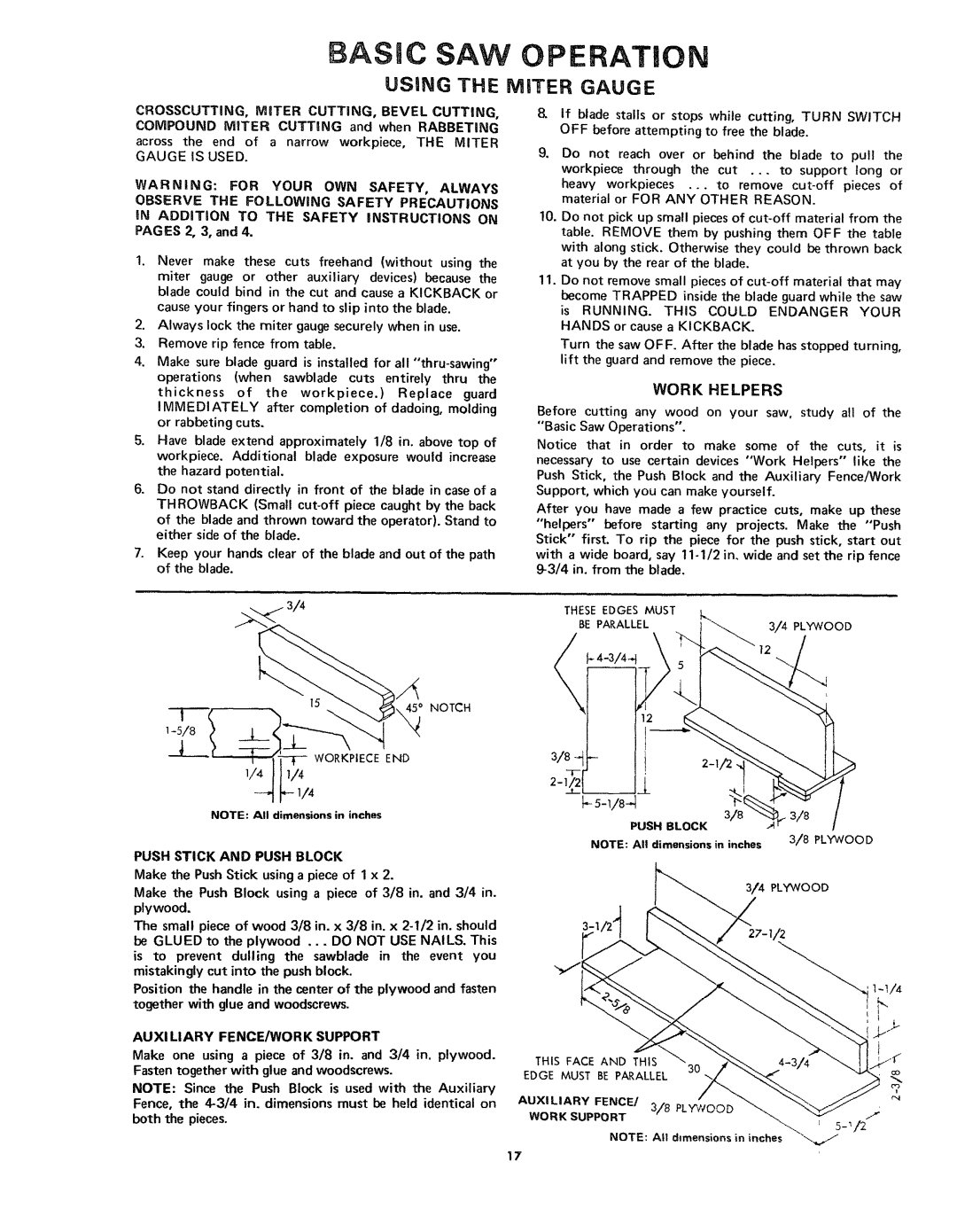 Craftsman 113.24181 Operation, Work Helpers, CROSSCUTTING, Miter CUTTING, Bevel Cutting, Push Stick and Push Block 