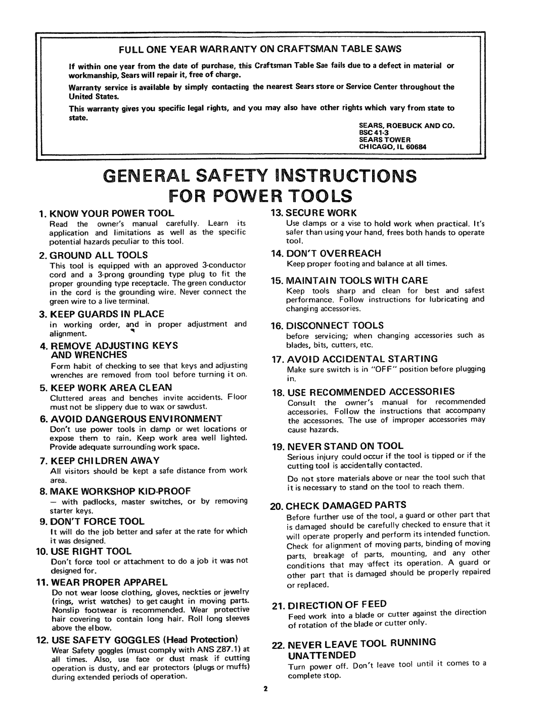 Craftsman 113.24181 owner manual For Power Tools 