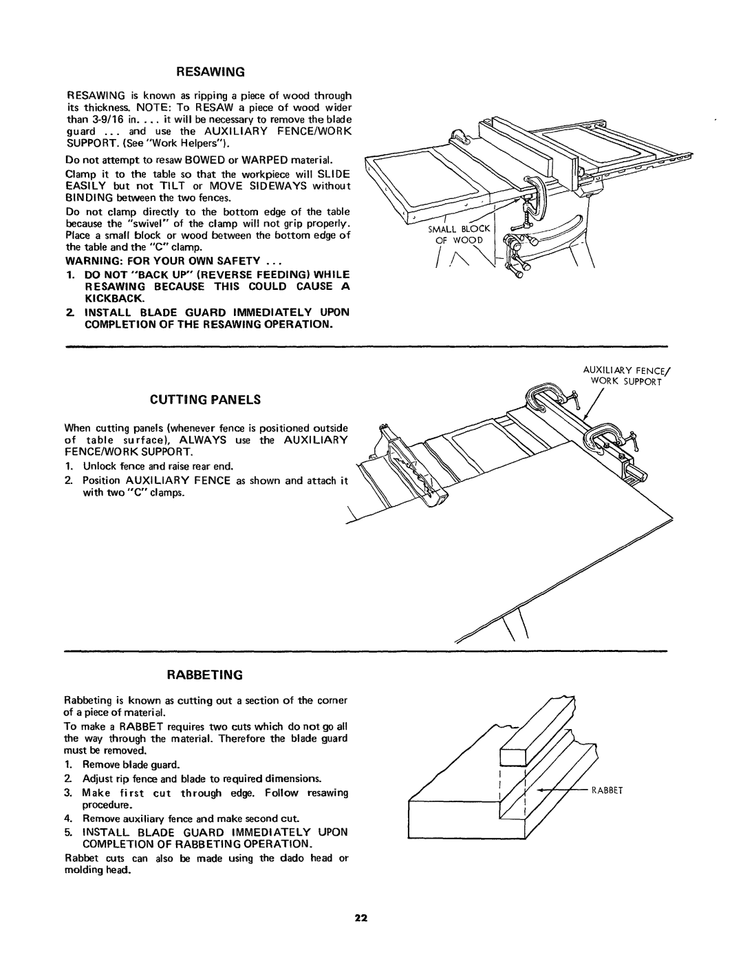 Craftsman 113.24181 owner manual Resawing, Cutti NG PAN ELS, Rabbeting, Do not Back UP Reverse Feeding While 