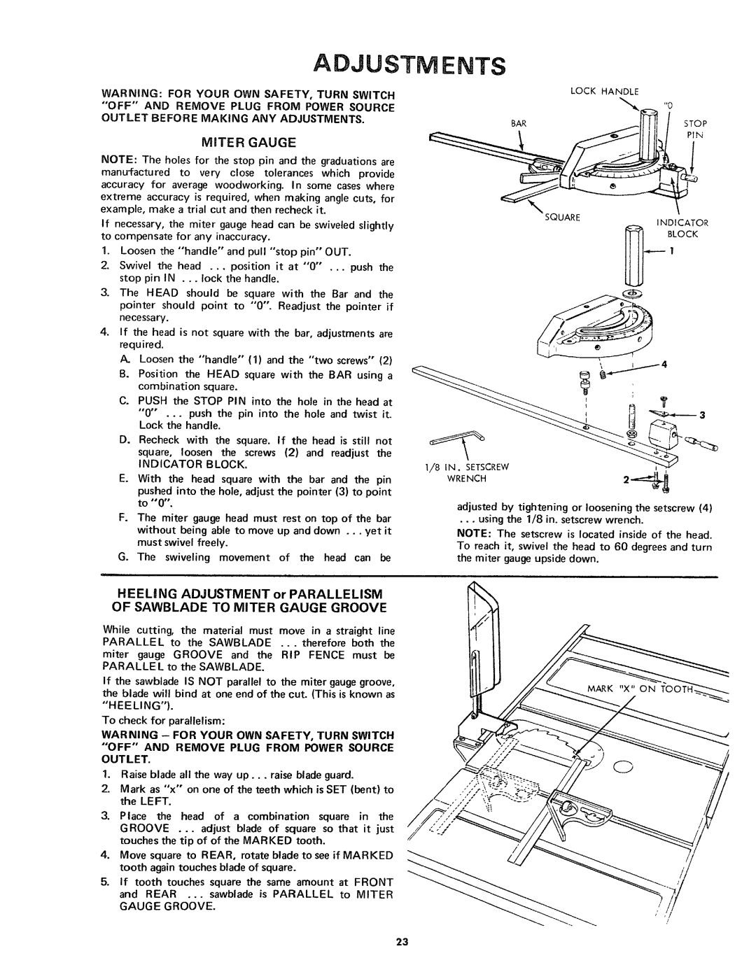 Craftsman 113.24181 owner manual Adjustments, Miter Gauge 