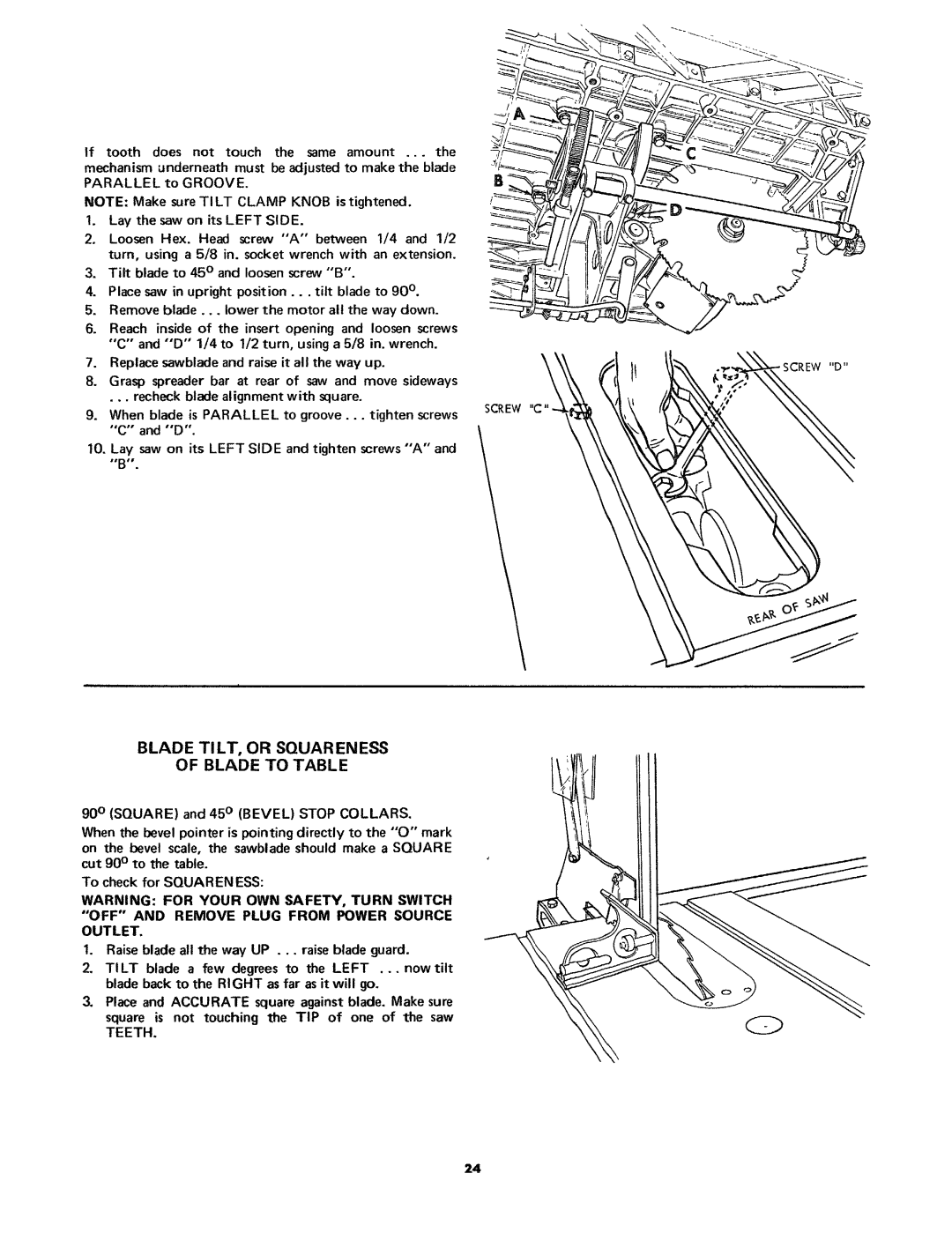 Craftsman 113.24181 owner manual Blade TILT, or Squareness Blade to Table, Teeth 