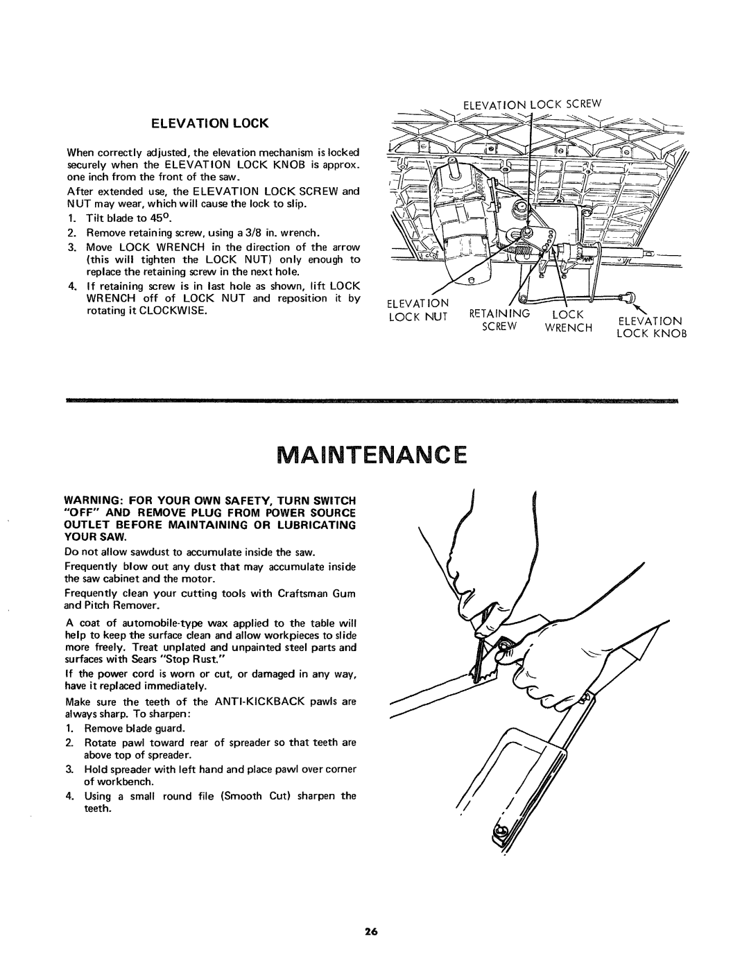 Craftsman 113.24181 owner manual Maintenance, Elevation Lock, Outlet Before Maintaining or Lubricating Your SAW 