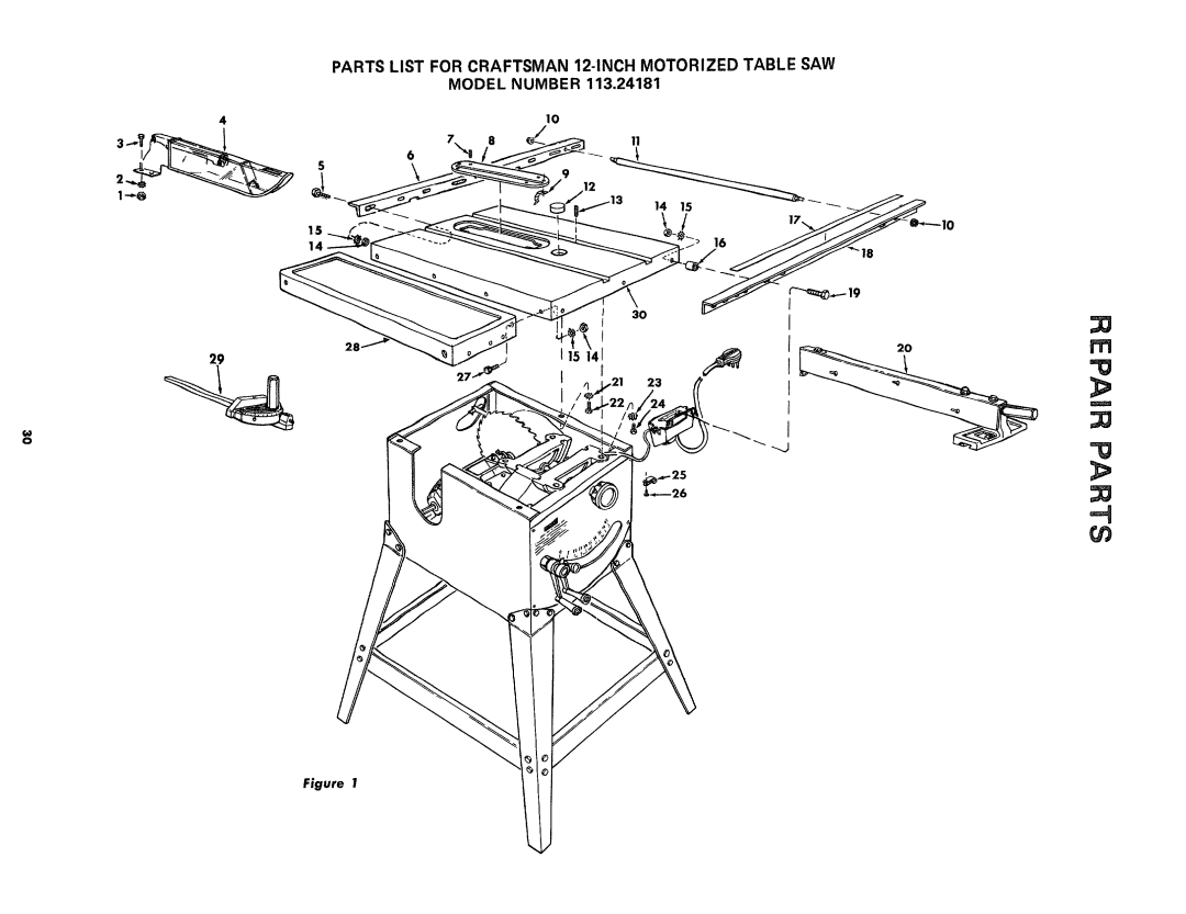 Craftsman 113.24181 owner manual Parts List for Craftsman 12-INCH Motorized Table SAW, 20m 