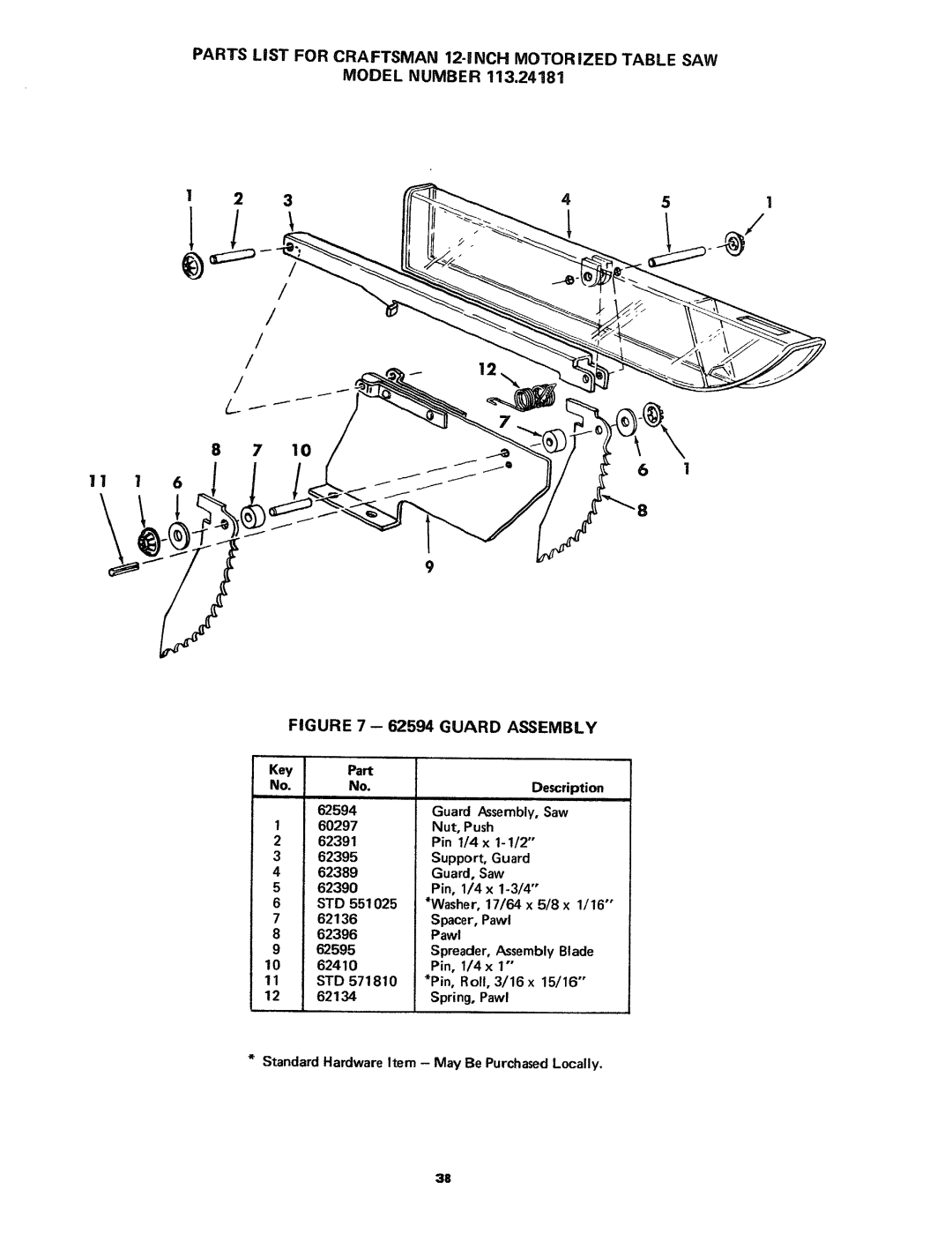 Craftsman 113.24181 owner manual Parts List for Craftsman 12-! NCH Motorized Table SAW, Guard Assembly 