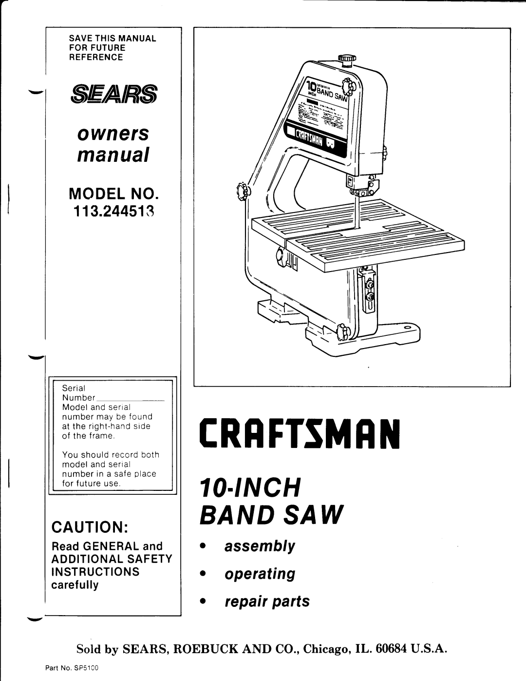 Craftsman 113.244513 owner manual Read General, Caref ully, For future use 