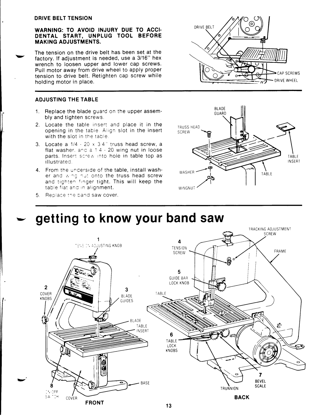 Craftsman 113.244513 owner manual Band saw, Dental START, Unplug Tool Before, Table f lat ano rn alignment 