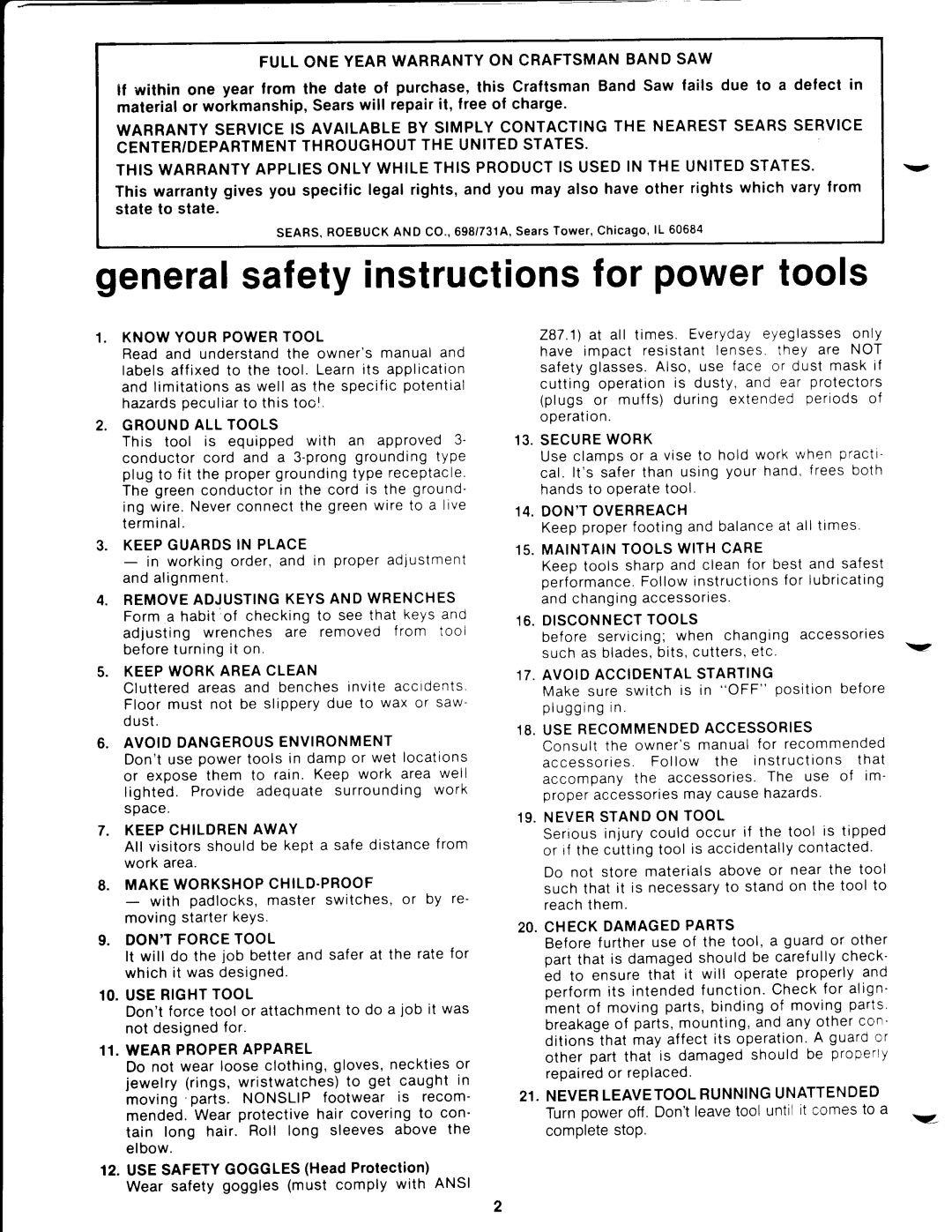 Craftsman 113.244513 owner manual General safety instructions for power tools, Tain long hair. Roll long sleeves above 