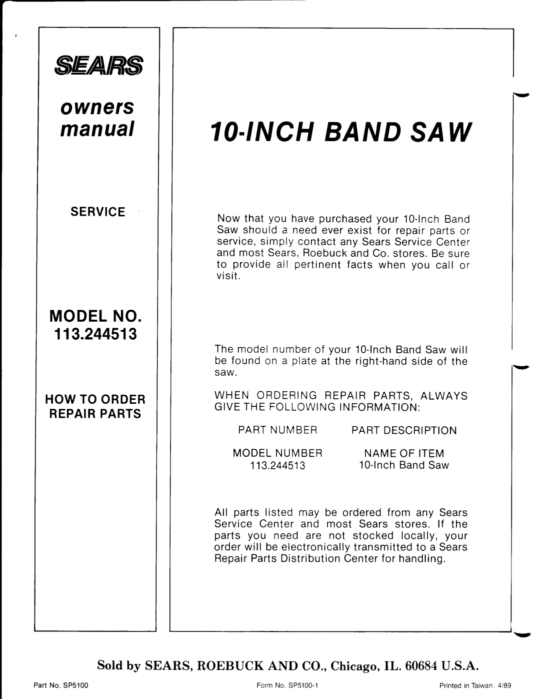 Craftsman 113.244513 Visit, Model number of your 1O-lnch Band Saw will, Be found on a plate at the right-hand side 