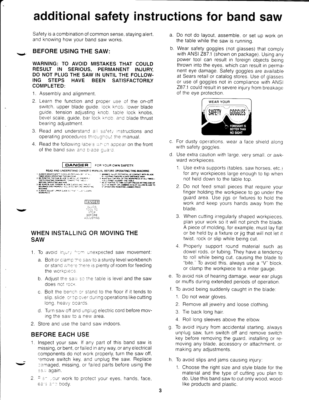 Craftsman 113.244513 Additional safety instructions for band saw, Before Using the SAW, When Installing or Moving 