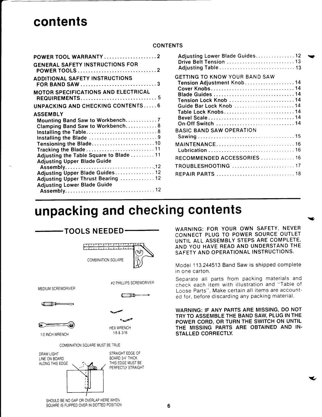 Craftsman 113.244513 owner manual Contents, Unpacking Checking contents 