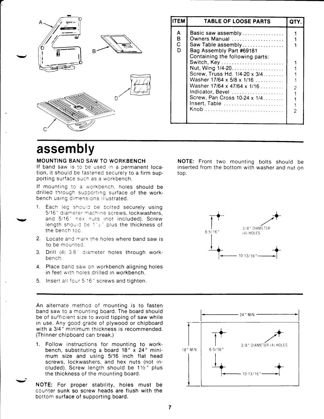 Craftsman 113.244513 owner manual Assembly, TNOTE For proper stability, holes must be 