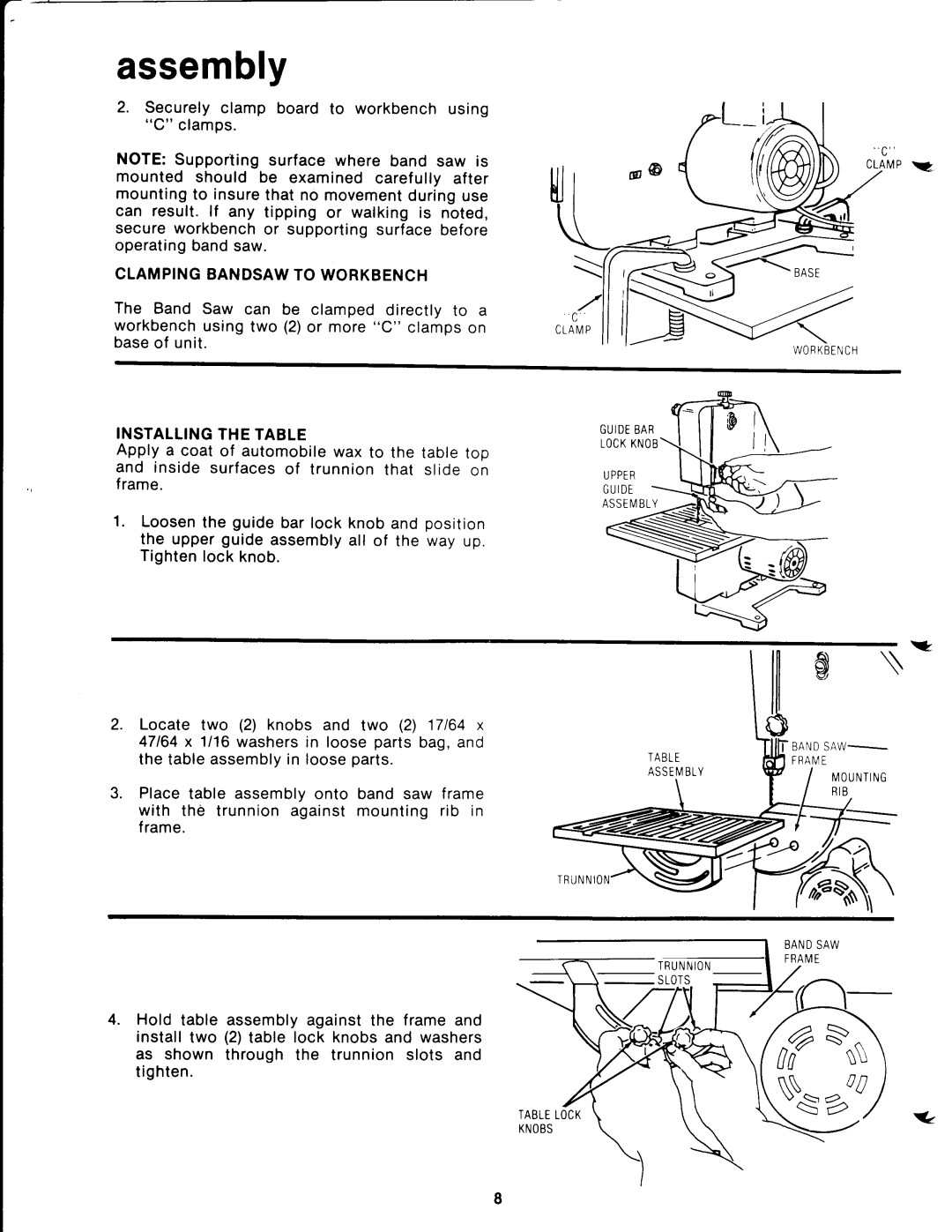 Craftsman 113.244513 owner manual With thd trunnion against mounting rib, Securely clamp board to workbench using, Clamps 