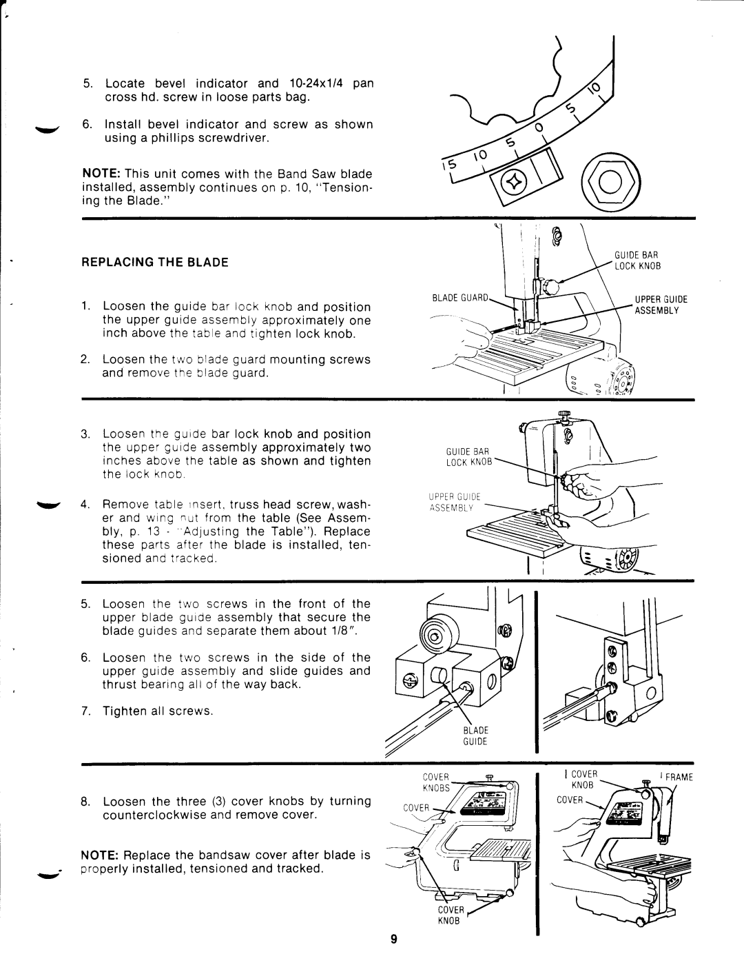 Craftsman 113.244513 owner manual Loosen the two screws in the front, Locate bevel indicator and 10-24x114 pan 