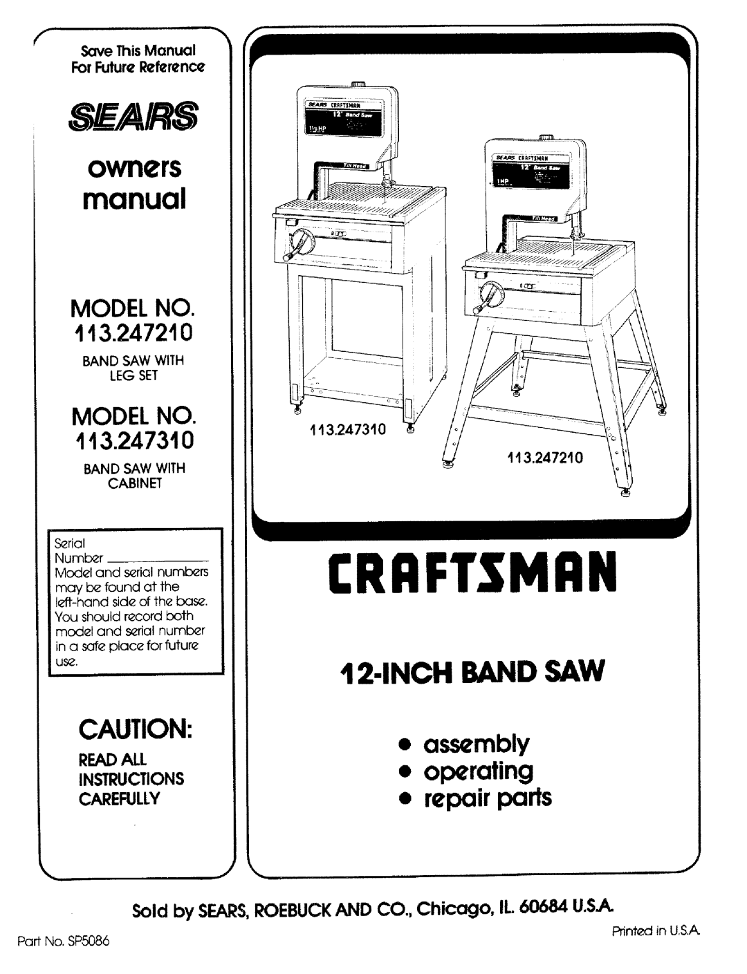 Craftsman 113.2472T0 owner manual Crrftsmrn 