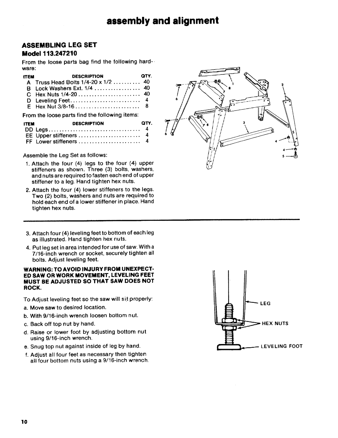 Craftsman 113.2472T0 owner manual Assembly and alignment, Assembling LEG SET, Ware 