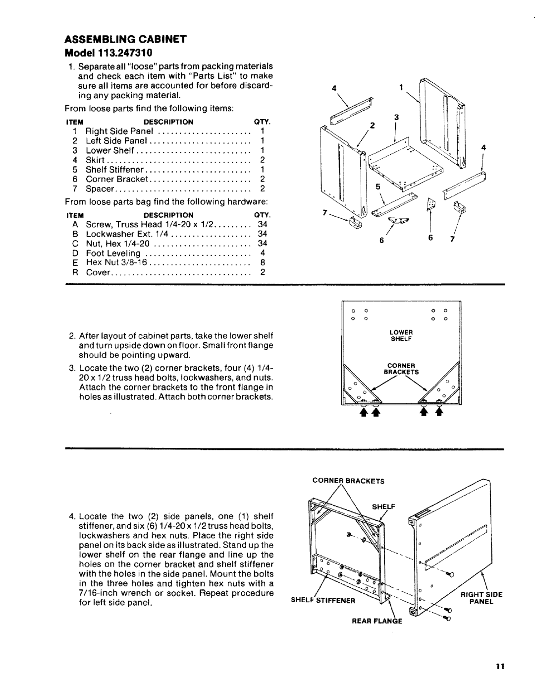 Craftsman 113.2472T0 owner manual Assembling Cabinet 