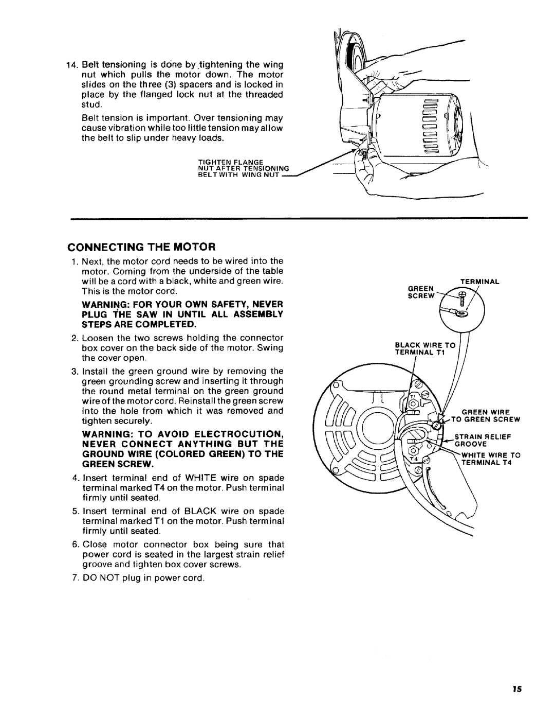 Craftsman 113.2472T0 owner manual Belttensioningis doneby tighteningthe wing, Connecting the Motor 