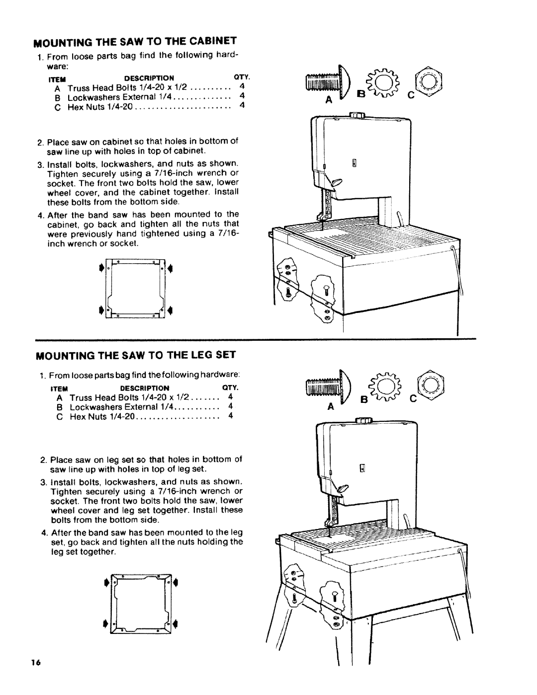 Craftsman 113.2472T0 owner manual Mounting the SAW to the LEG SET, Mounting the SAW to the Cabinet 