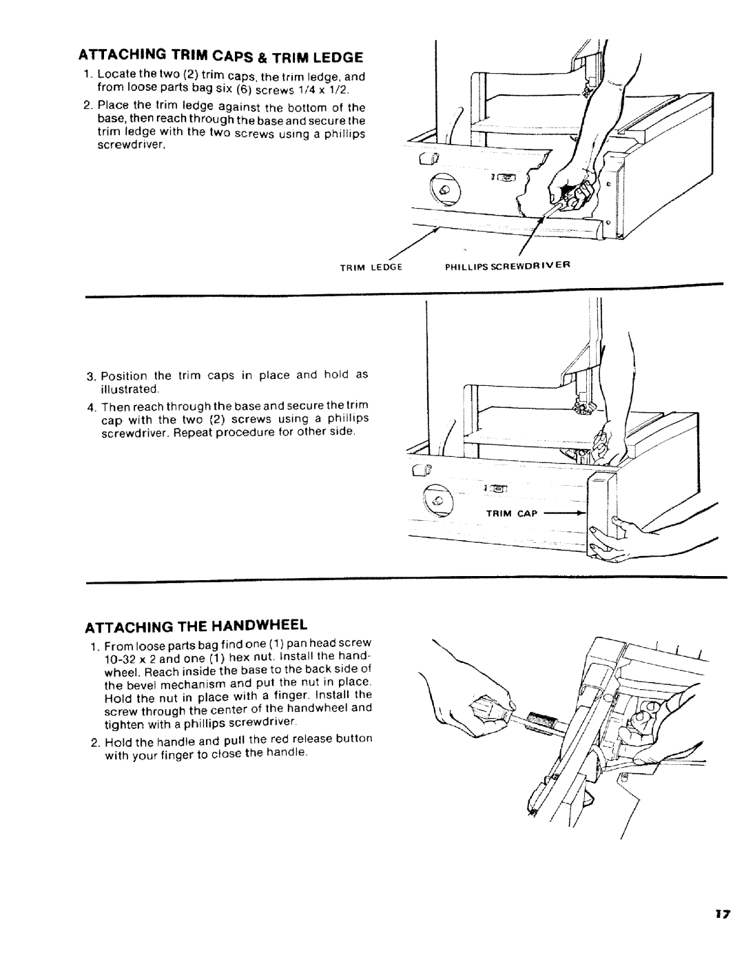 Craftsman 113.2472T0 owner manual Attaching the Handwheel, Attaching Trim Caps & Trim Ledge 