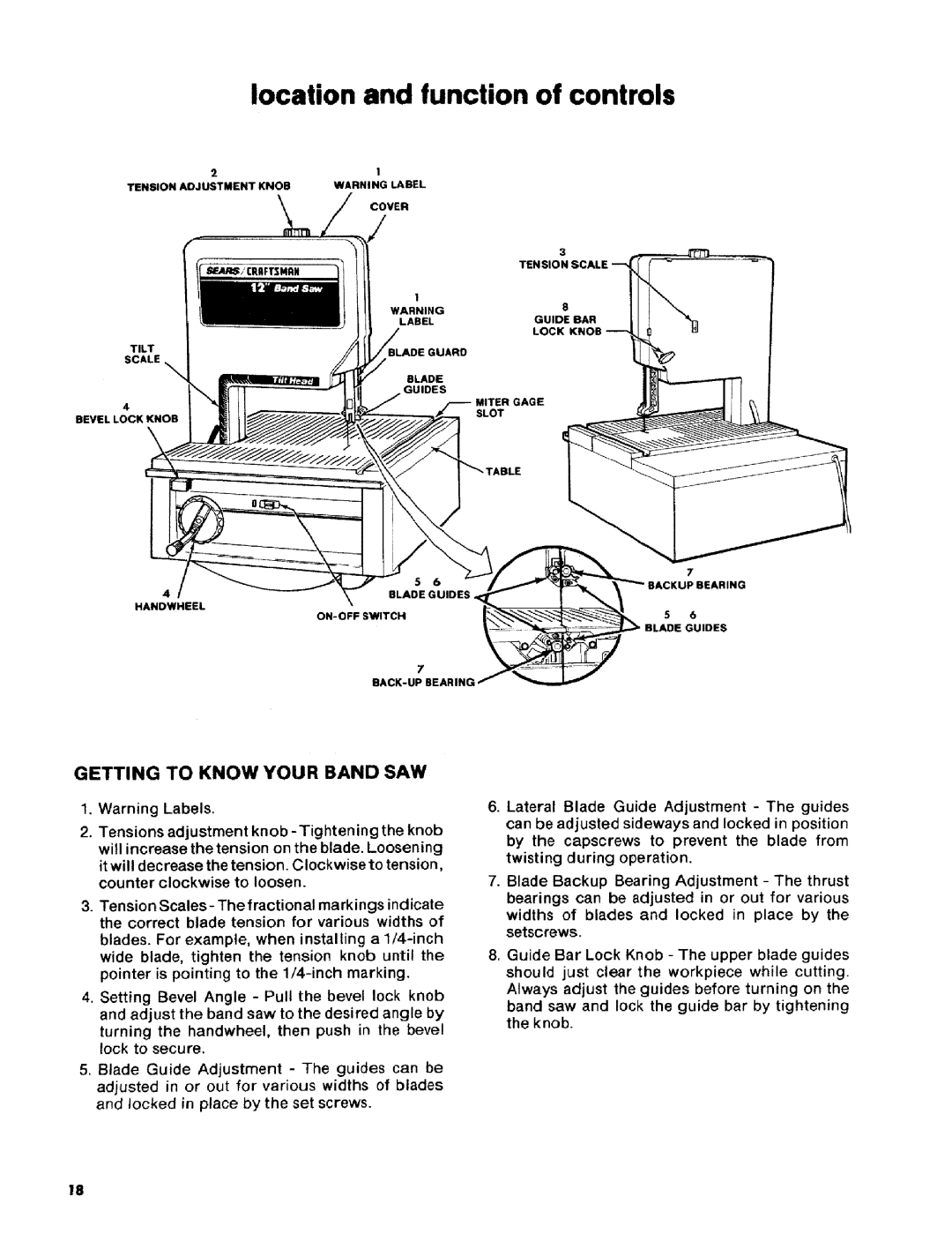 Craftsman 113.2472T0 owner manual Location and function of controls, Getting to Know Your Band SAW 