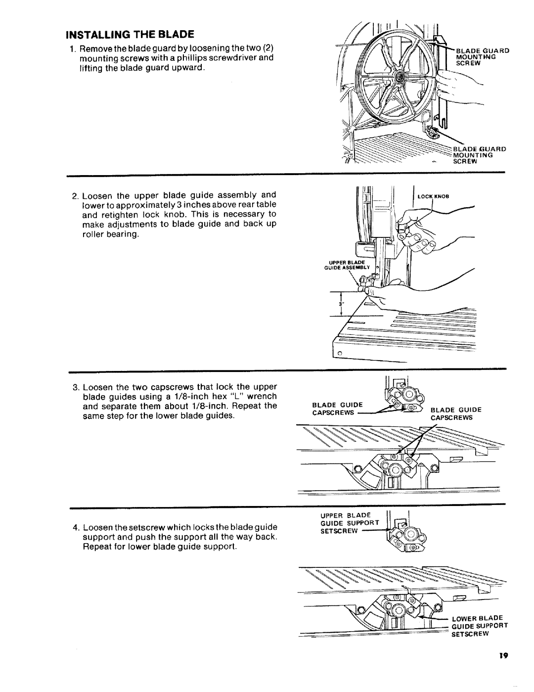 Craftsman 113.2472T0 owner manual Upperblade, Installing the Blade 