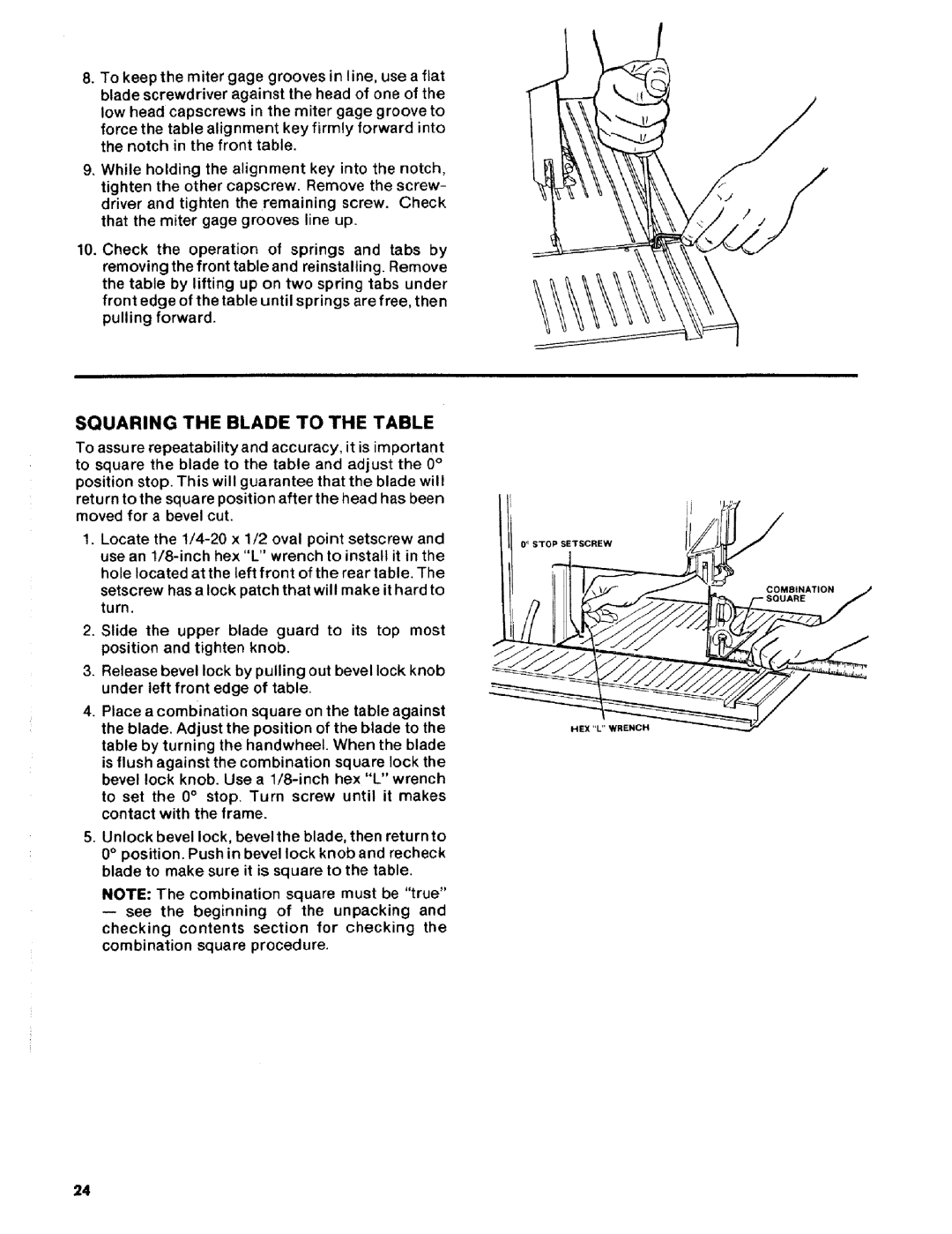 Craftsman 113.2472T0 owner manual Squaring the Blade to the Table 