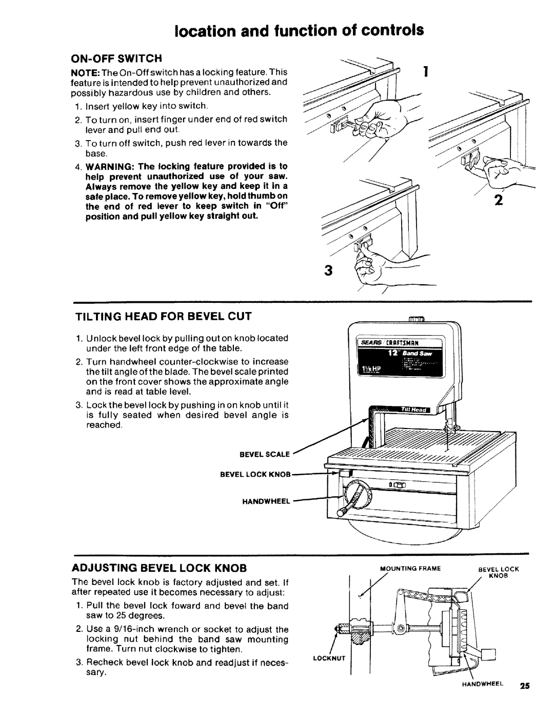 Craftsman 113.2472T0 owner manual ON-OFF Switch, Tilting Head for Bevel CUT, Adjusting Bevel Lock Knob 