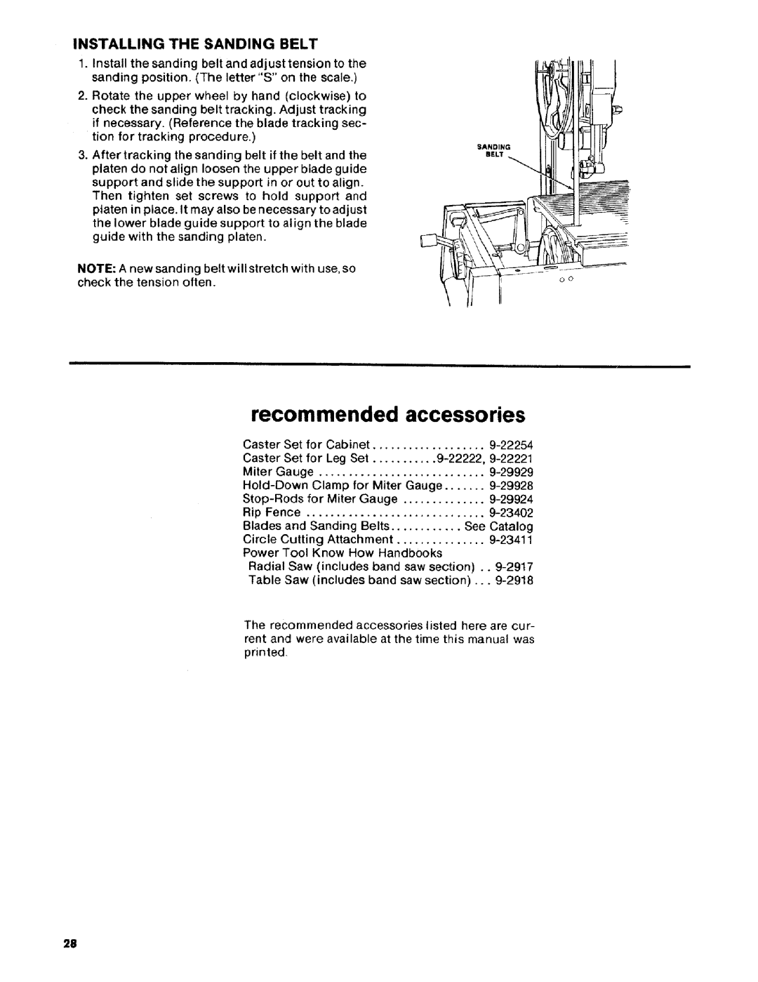 Craftsman 113.2472T0 owner manual Recommended accessories, Installing the Sanding Belt 