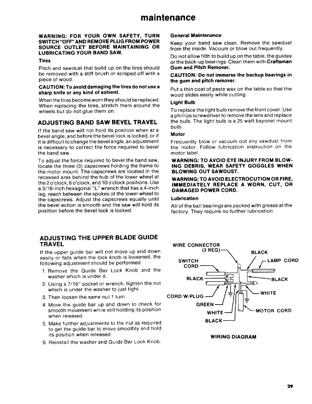 Craftsman 113.2472T0 owner manual Maintenance, Adjusting Band SAW Bevel Travel, Adjusting the Upper Blade Guide Travel 