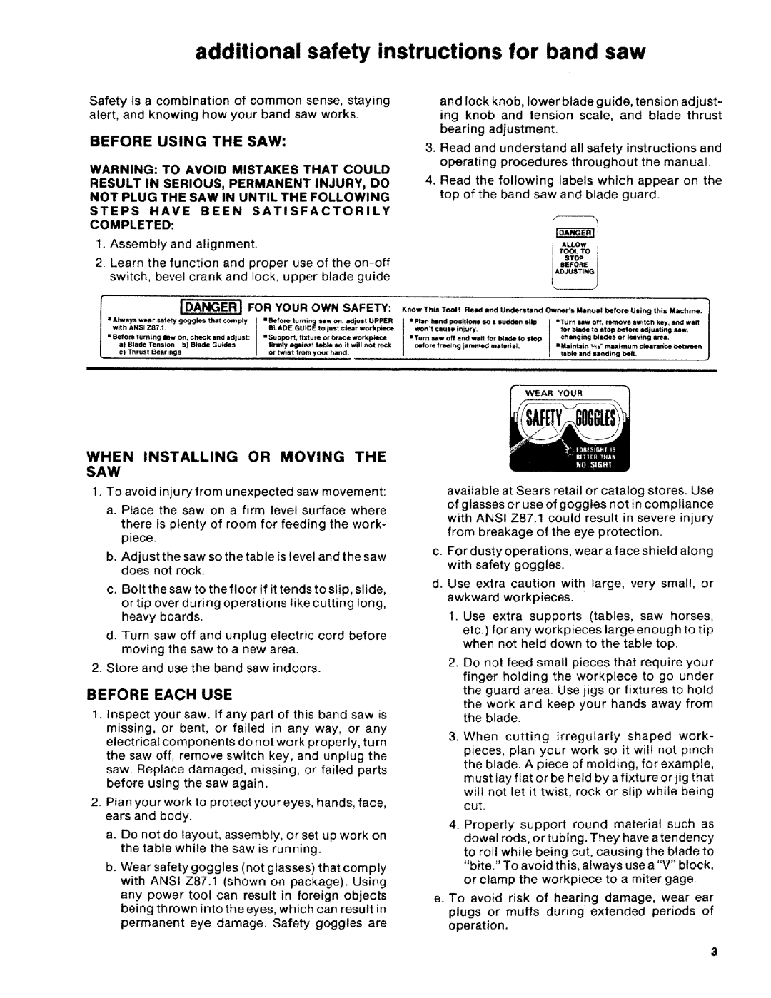 Craftsman 113.2472T0 Additional safety instructions for band saw, Before Using the SAW, When Installing or Moving the SAW 