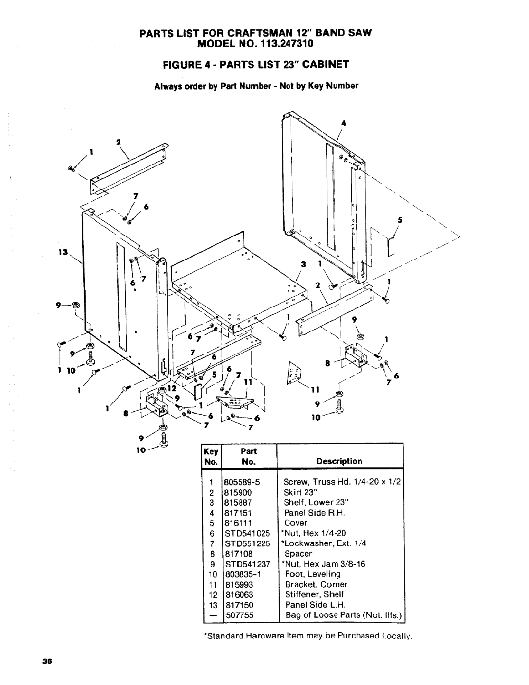 Craftsman 113.2472T0 Parts List for Craftsman 12 Band SAW, Always order by Part Number Not by Key Number Description 