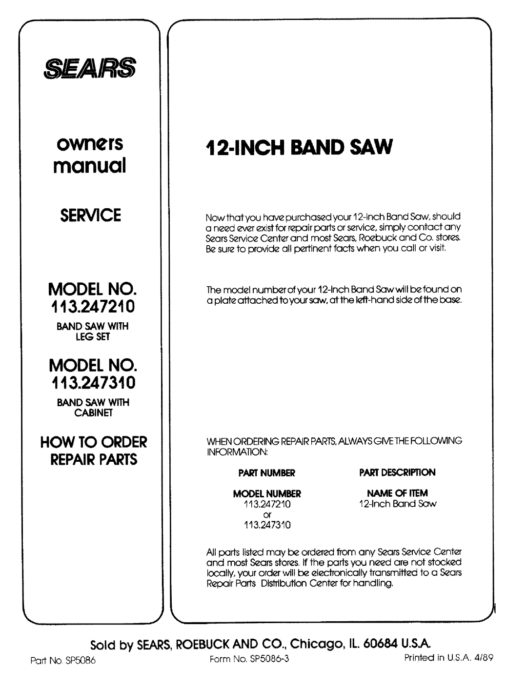 Craftsman 113.2472T0 Band SAW with LEG SET, Band SAW with Cabinet, Partnumber, Partdescription, Model Number Name of Item 