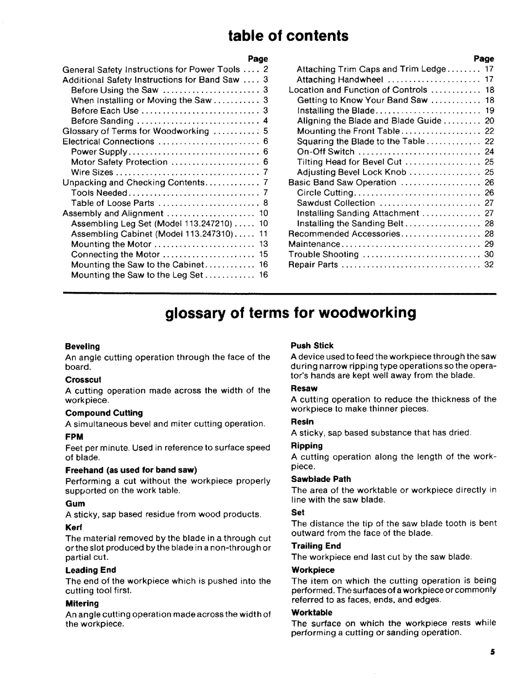 Craftsman 113.2472T0 owner manual Table of contents, Glossary of terms for woodworking 