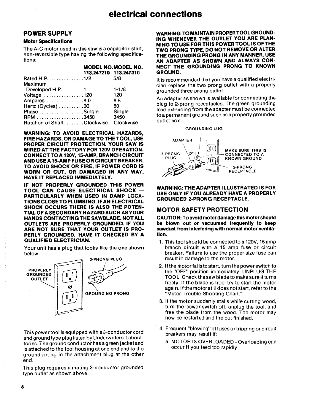 Craftsman 113.2472T0 owner manual Power Supply, Motor Safety Protection, Model NO.MODEL no 