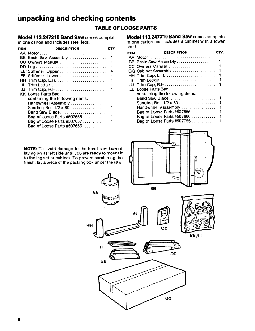 Craftsman 113.2472T0 owner manual Table of Loose Parts, One carton and includes steel legs 