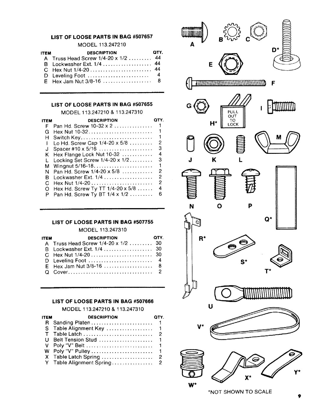 Craftsman 113.2472T0 owner manual List of Loose Parts in BAG #507657, List of Loose Parts in BAG #507655, Description QTY 