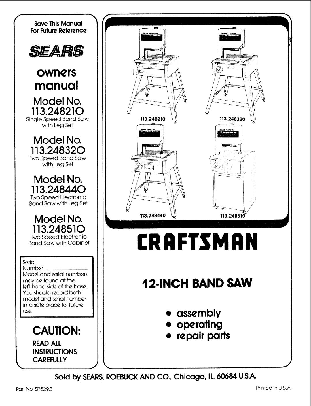 Craftsman owner manual Save This Manual For Future Reference, 113.248320, 113.248440113.248510 