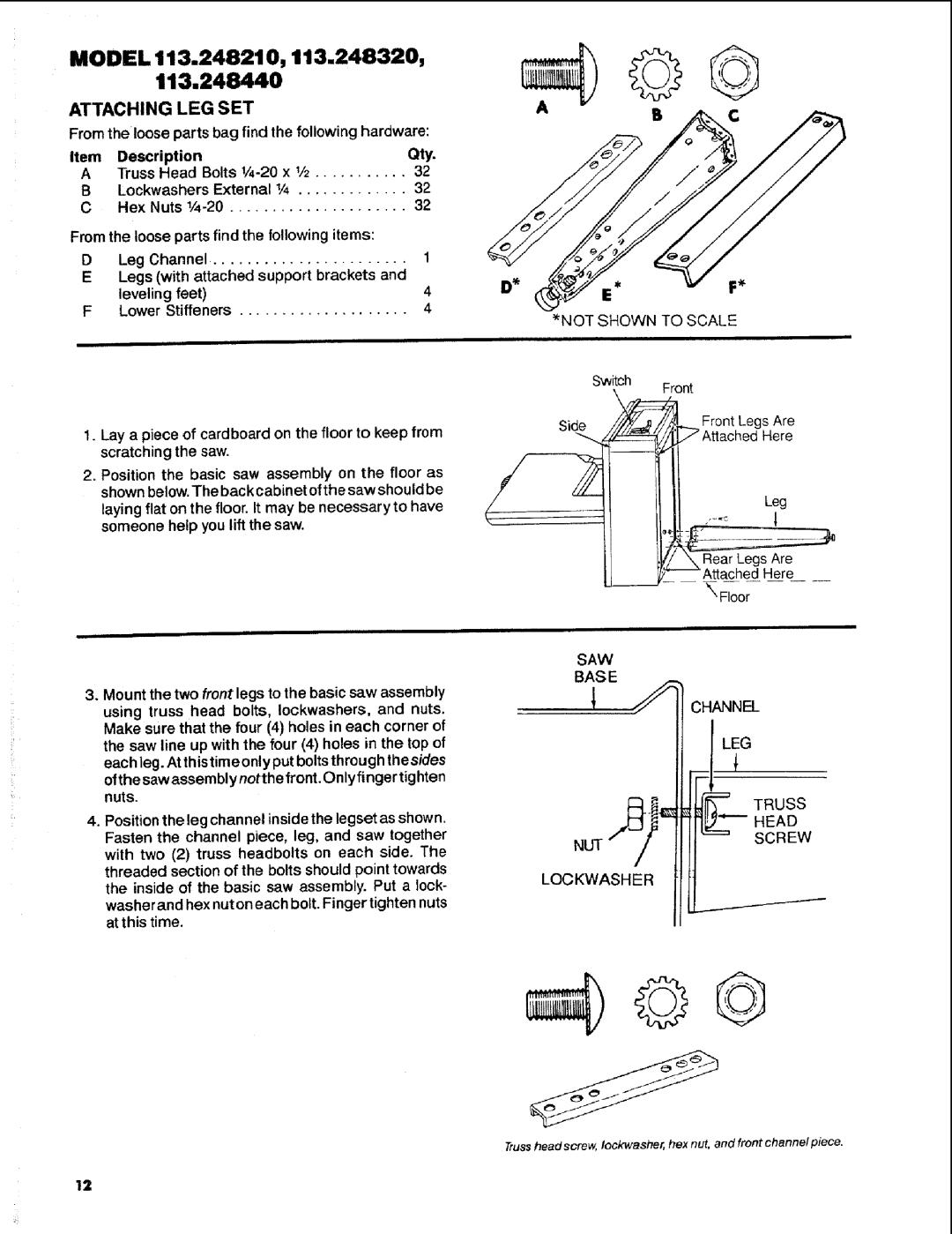 Craftsman 113.248510 owner manual Model 113.24821 O, Attaching LEG SET, Description Qty Truss Head 