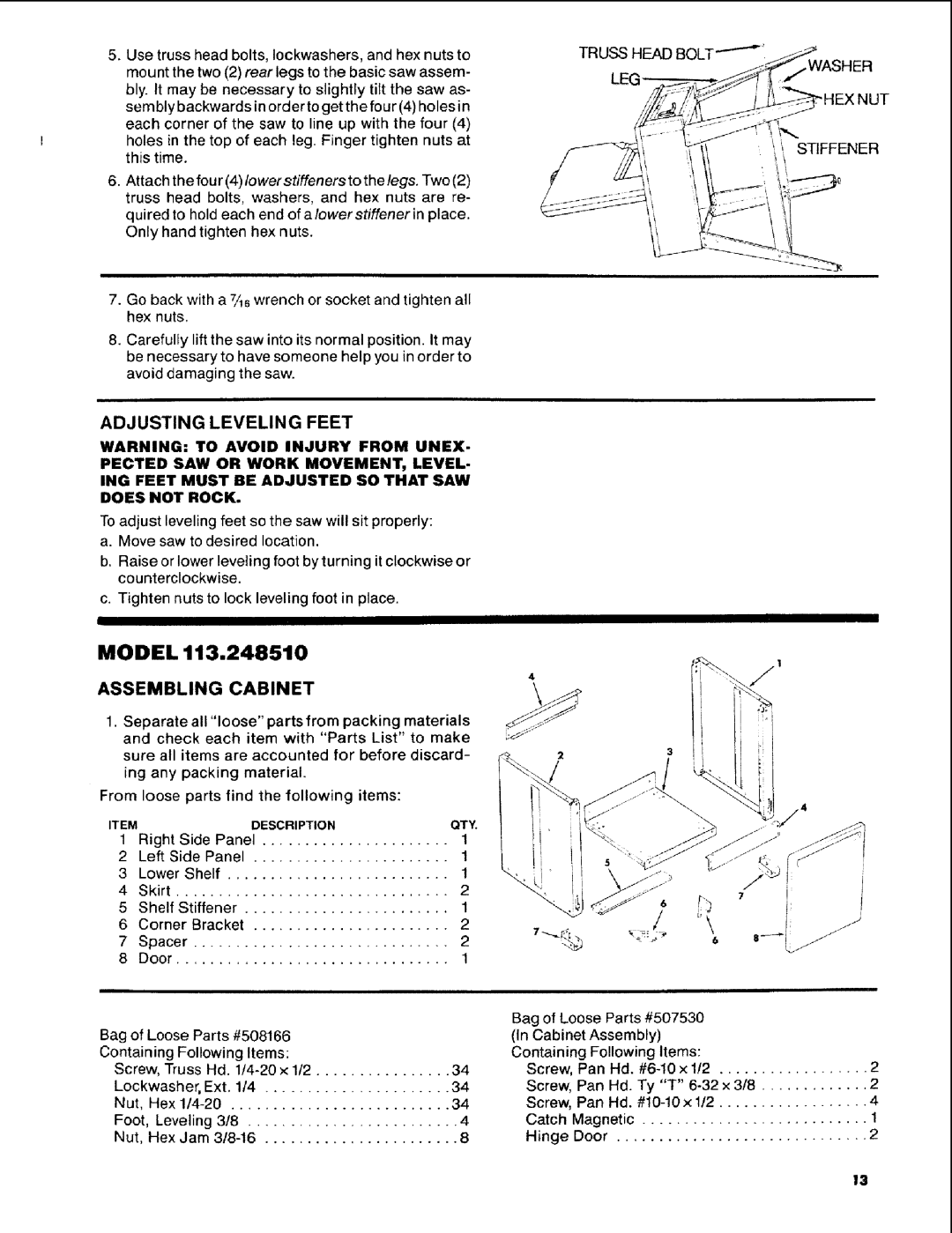 Craftsman 113.248510 owner manual Model, Assembling Cabinet 