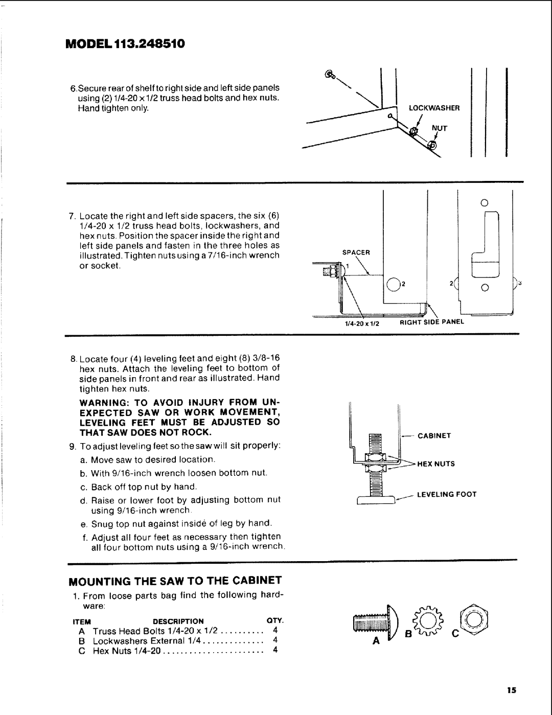 Craftsman 113.248510 owner manual Mounting the SAW to the Cabinet, From loose parts bag find the following hard, Ware 