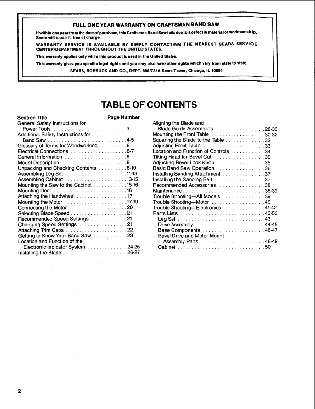 Craftsman 113.248510 owner manual Table of Contents 