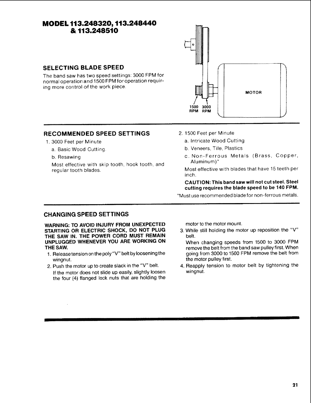 Craftsman 113.248510 owner manual Model 113.248320, 113.248440, Selecting Blade Speed, Recommended Speed Settings 